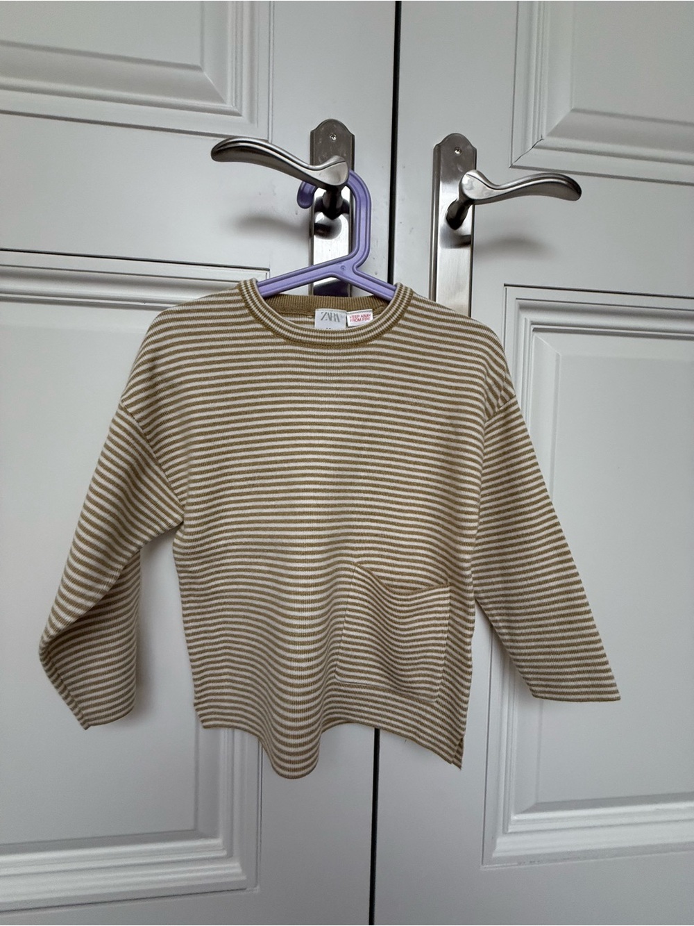 New Zara kid Cream & Tan Striped Long-Sleeve Top